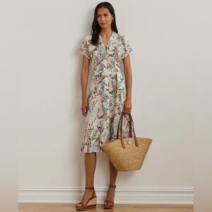 Lauren Ralph Lauren Size 10 Print Belted Crepe Camp Shirtdress Beach Print Multi